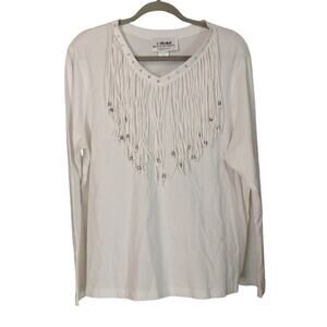 Back In‎ The Saddle White Tassel Bead Jeweled Top Women's Sz XL Long Sleeve